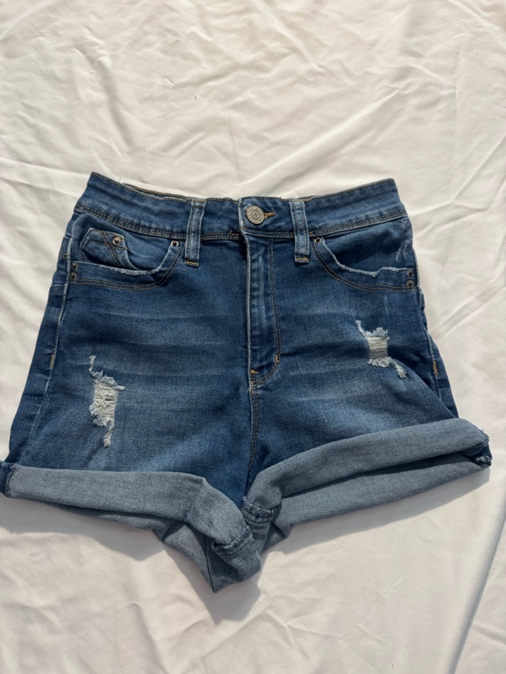 YMI Women's Dark Blue Distressed Roll-Cuff Jean Shorts